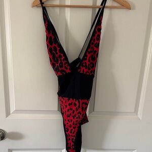 Red Leopard Print Deep V One-Piece Swimsuit